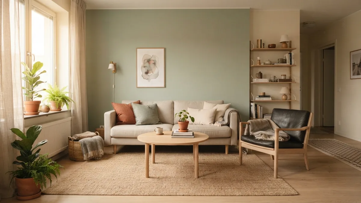 Soft sage feature wall with cream walls in a Scandinavian living room