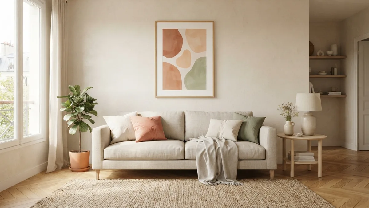 Framed picture hung at eye level above a light living room sofa