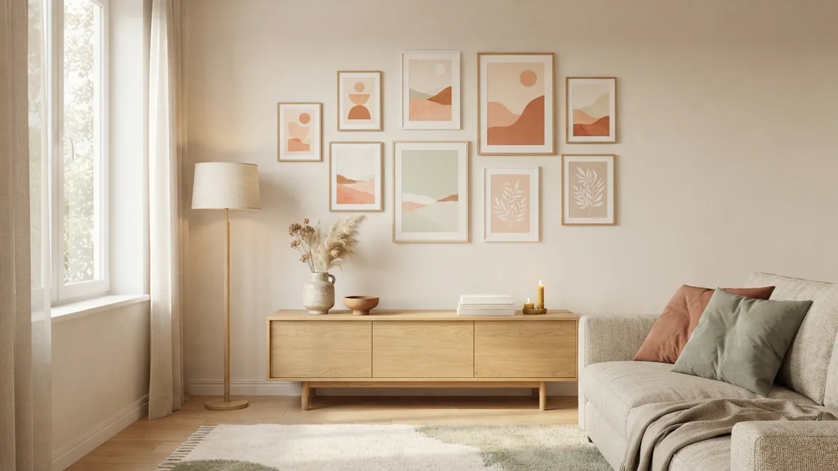 Balanced gallery wall layout Balanced living room gallery wall with varied frames and even spacing