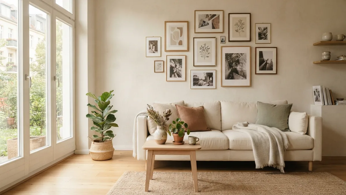 Eclectic frame mix in a living room Eclectic living room gallery wall with mixed frames and soft natural colors