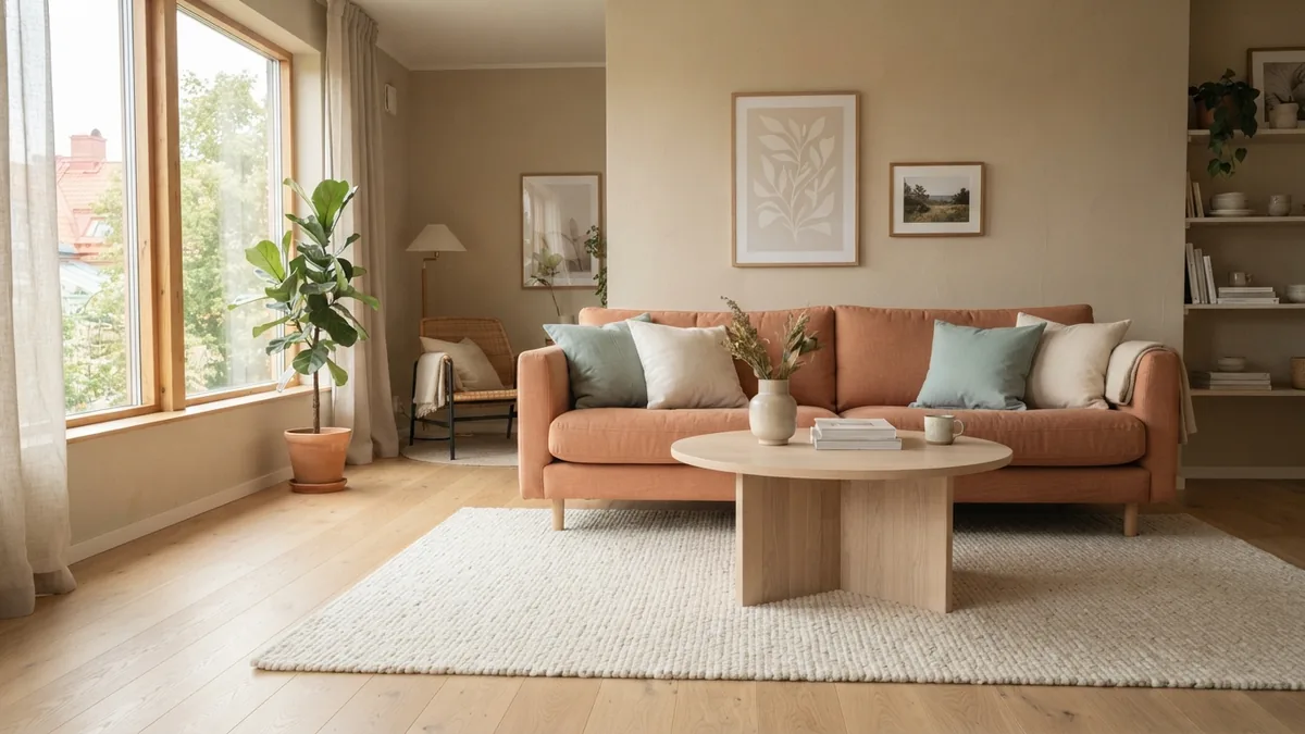Living room rug with a clear floor border and coffee table fully on its surface