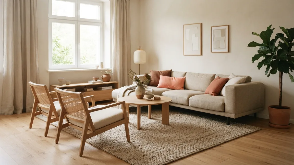 Sectional sofa and chairs arranged with their front legs on a textured living room rug