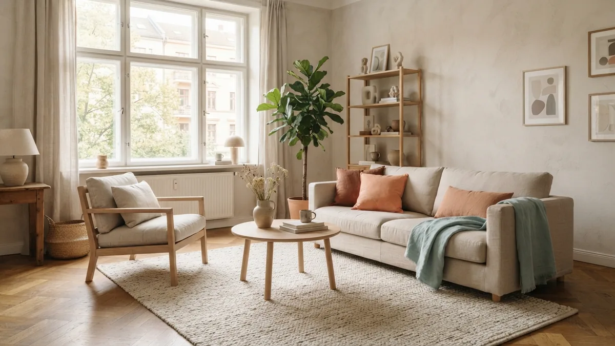 Low-pile natural-fiber rug in a bright living room with pale oak furniture
