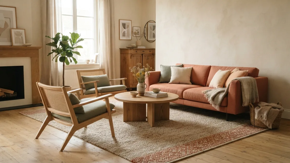 Large living room rug sized to bring a sofa and chairs into one seating group