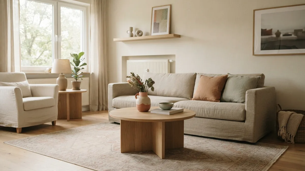 Muted color and texture complete the room Muted patterned rug adds texture to a warm, airy European living room