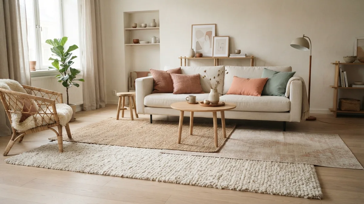 Scandinavian living room showing plush, woven, and patterned rug textures