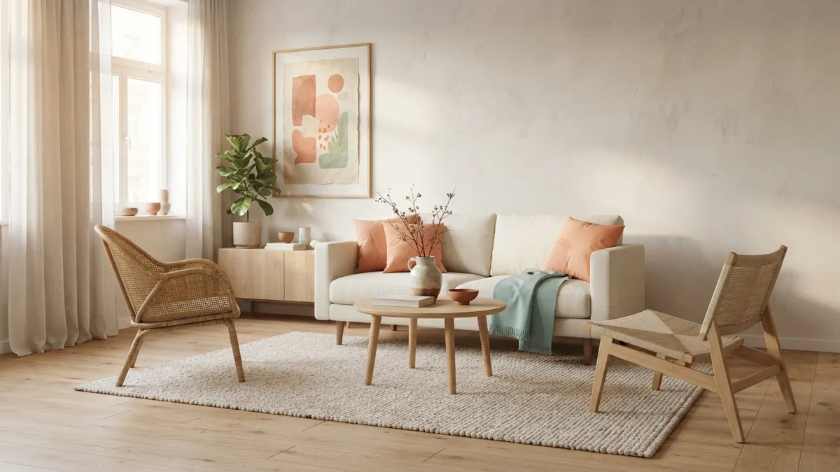 Low-pile rug for a busy living room Japandi living room with a low-pile rug and clear paths around furniture