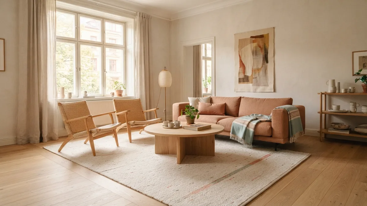 Well-sized area rug linking sofa and chairs with a clear floor border