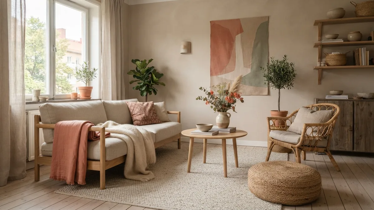 Coastal living room with wool, cotton, and natural fibre rug textures