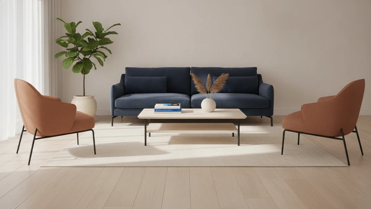 Living room spacing between sofa and coffee table with comfortable walking clearance.