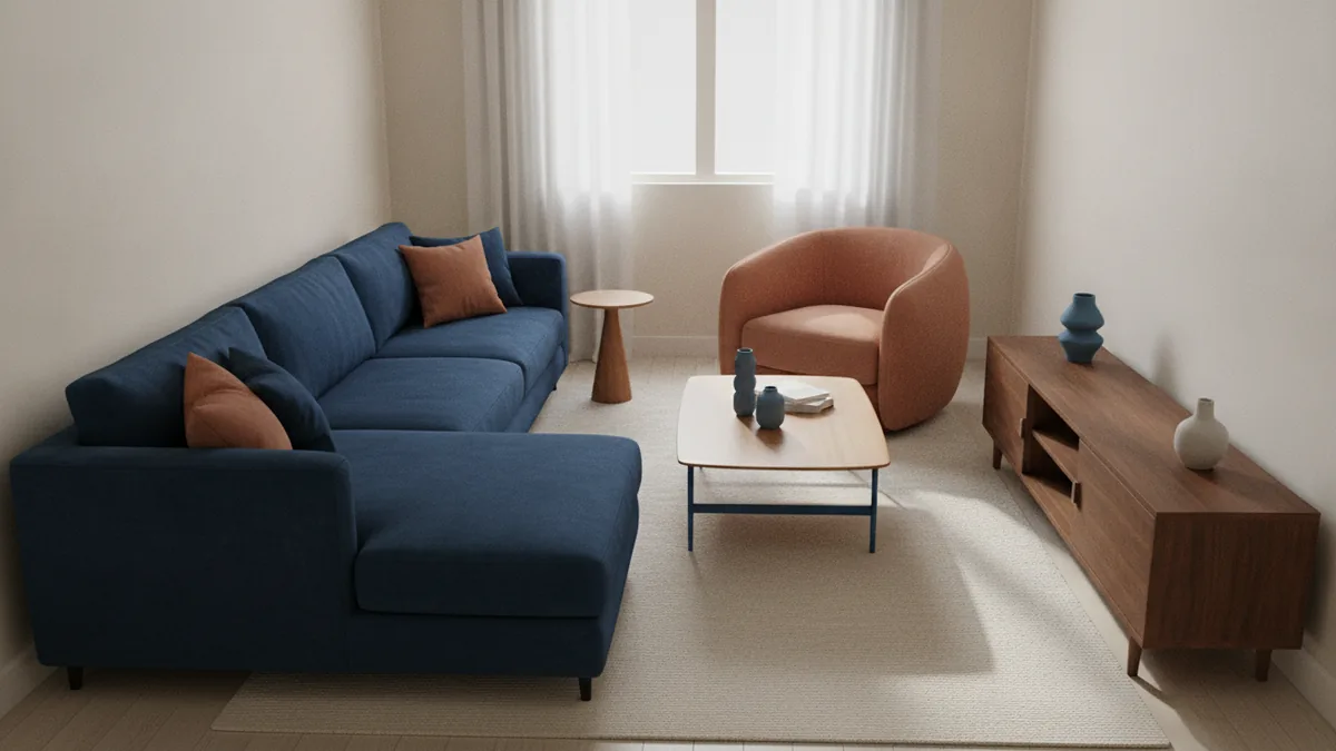 Oversized furniture shrinks small rooms Example of a cramped living room caused by oversized furniture in a small space.