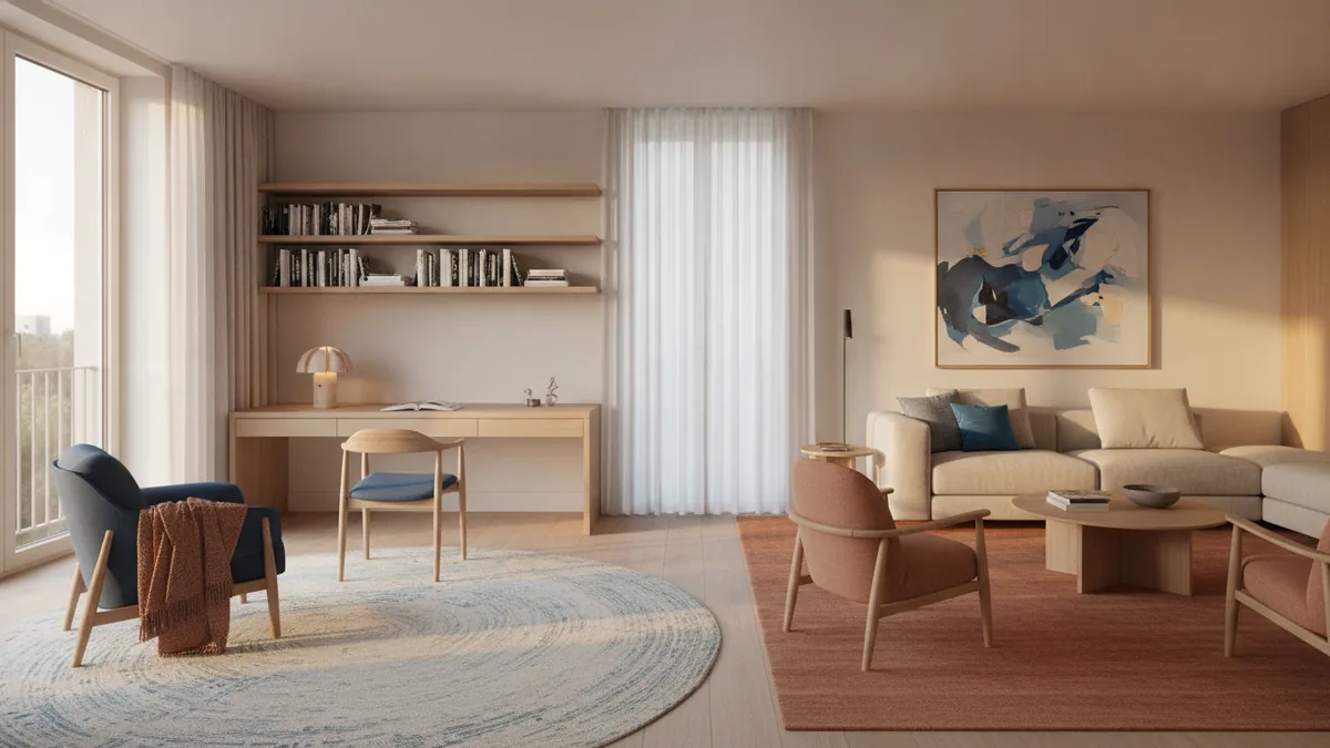 Living room with clear zoning for relaxation and a small work or reading area.
