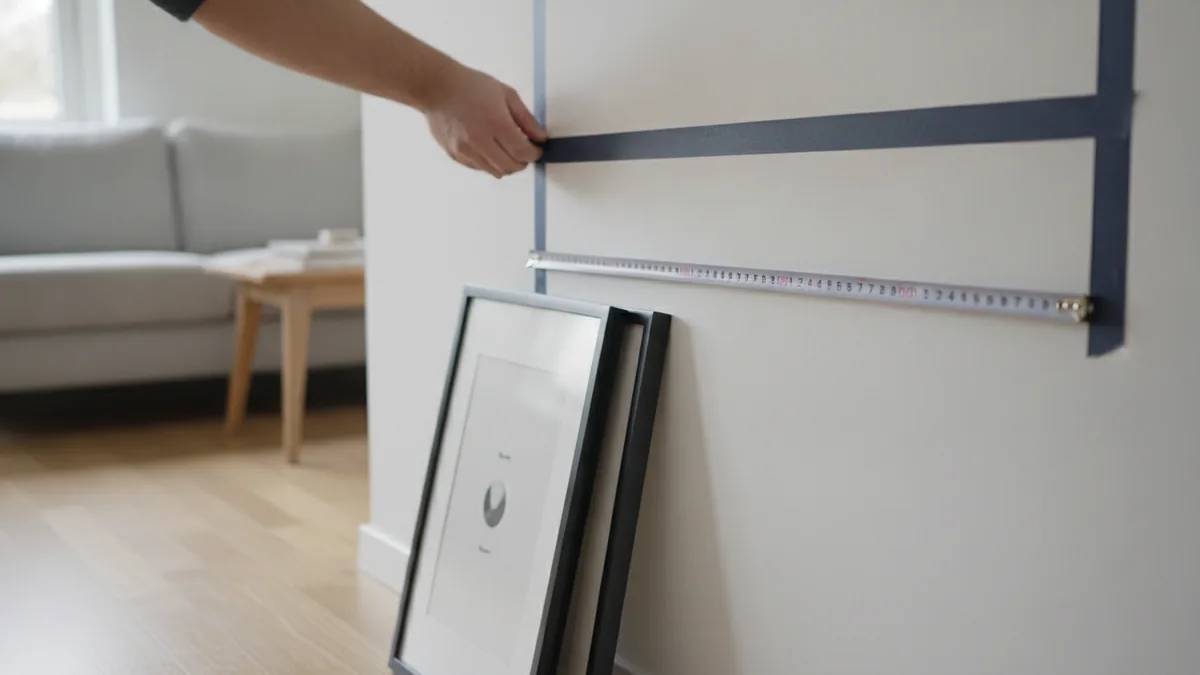 Measuring wall space and taping an outline for a large artwork