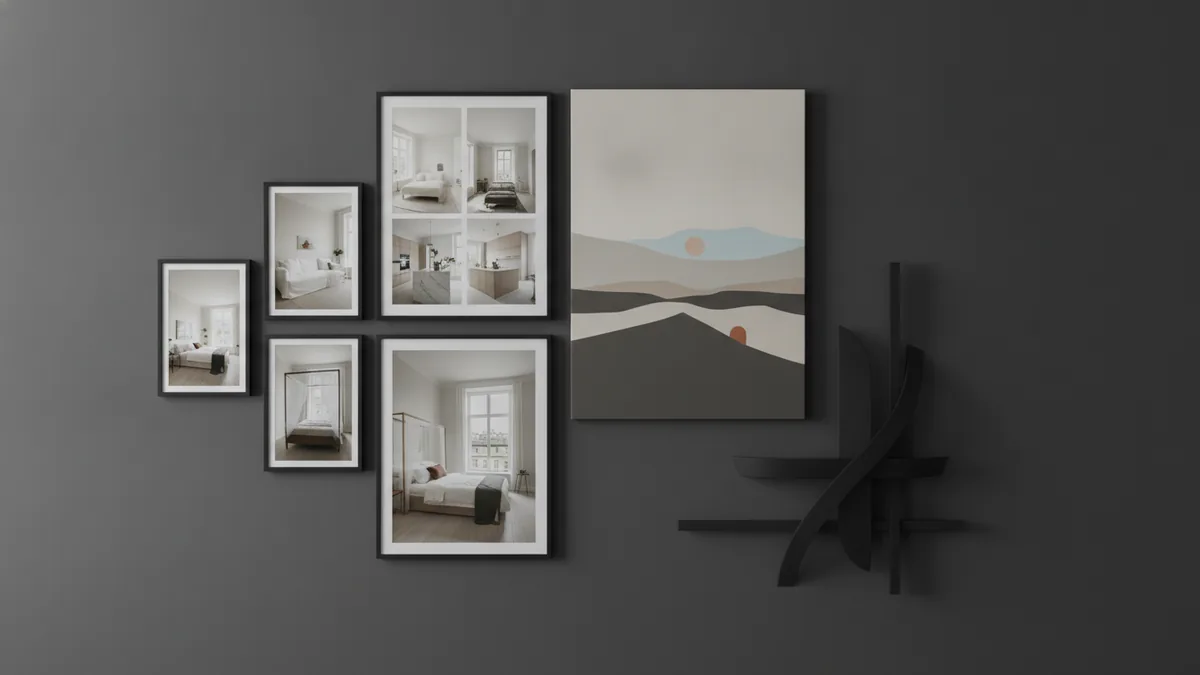 Mixing wall art styles under one theme Mixed wall hangings showing photos, canvas art, and a sculptural piece