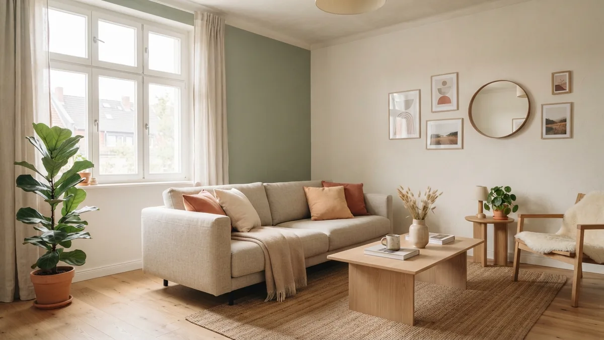 Muted sage wall behind a sofa, with cream textiles and pale oak accents in a bright living room