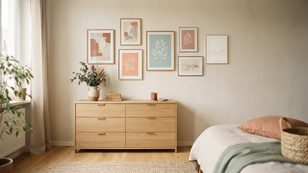 Long bedroom wall with a calm art arrangement above a low pale oak dresser