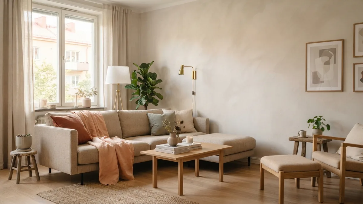Layered lighting for a taller feel Layered lighting in a low ceiling living room with floor and wall lamps beside pale furniture