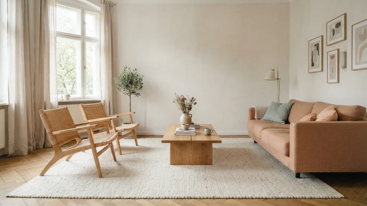 Balanced furniture for an open room Balanced low-profile furniture arrangement that makes a low ceiling room feel open and spacious