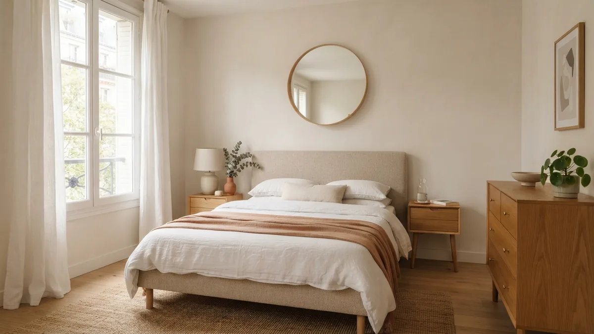 Bedroom furniture arranged with a bed, compact bedside tables, and useful storage