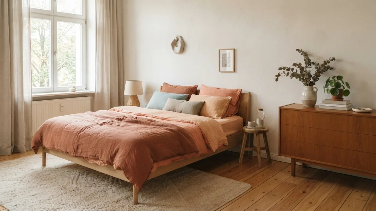 Soft textures and a simple dresser display Layered bedroom textiles and a simple dresser display in a warm, airy room