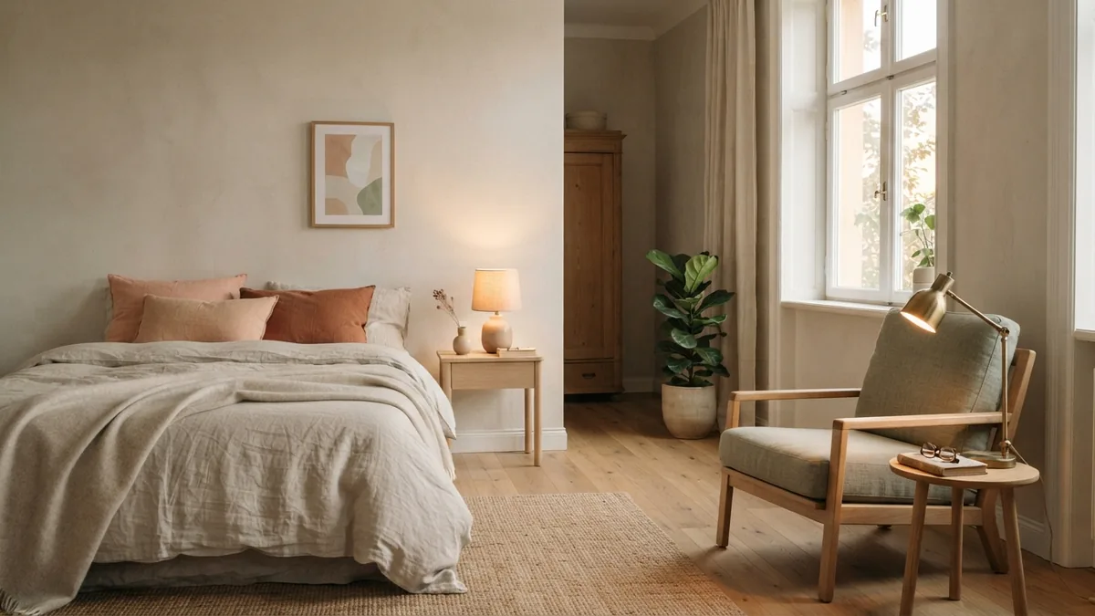Layered lighting for a restful bedroom Bedroom lighting with a bedside lamp and soft ambient light near a reading chair
