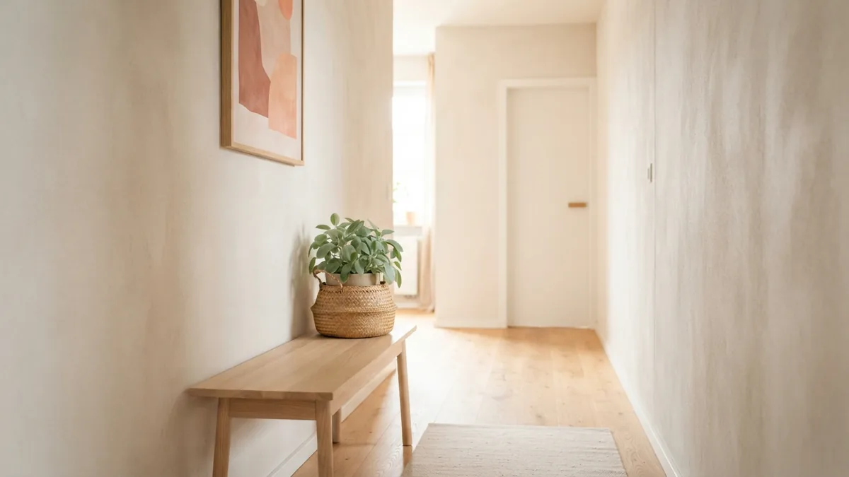Uncluttered Japandi hallway Japandi hallway with clean lines, pale wood, soft light, and uncluttered storage