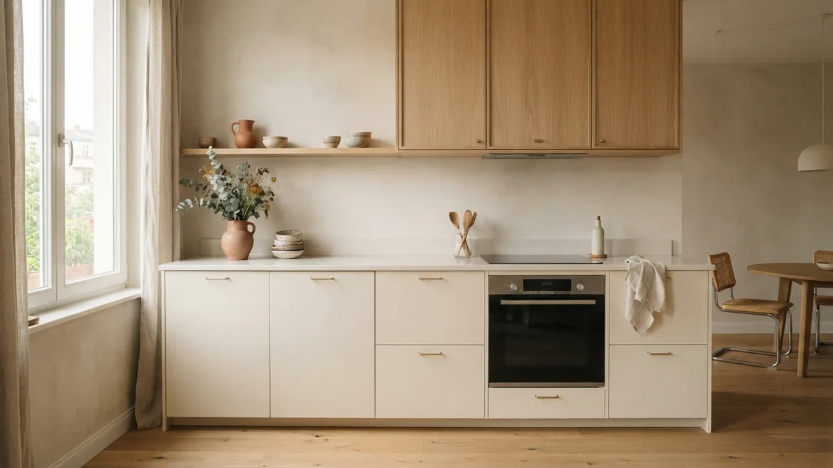 Warm neutral minimalist kitchen Cream minimalist kitchen with pale oak, terracotta accents, and a clear worktop