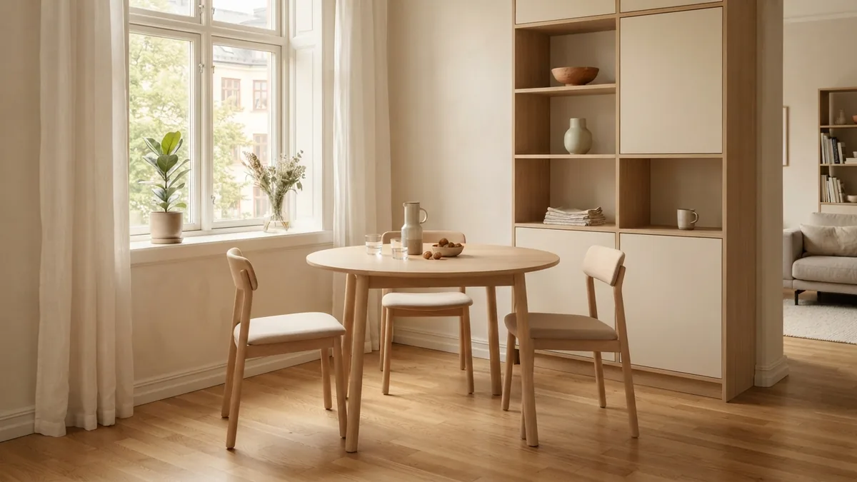 Functional minimalist dining area Compact minimalist dining area with simple furniture and useful built-in storage