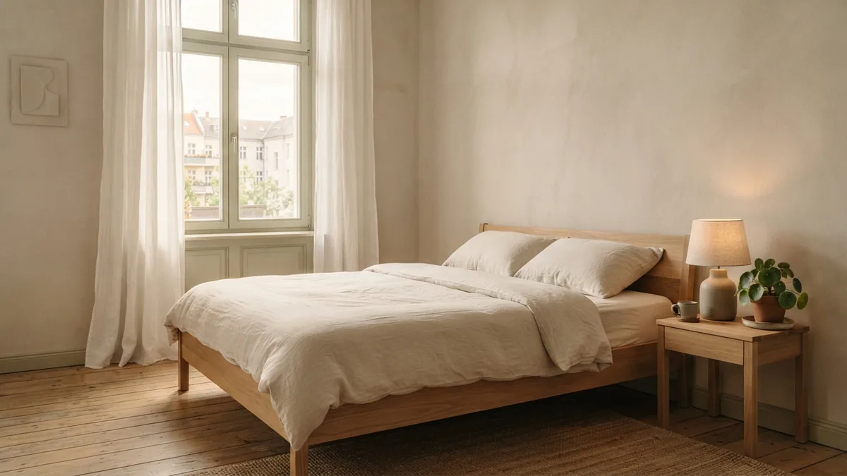Serene minimalist bedroom Minimalist bedroom with cream linen, pale oak, and calm open space