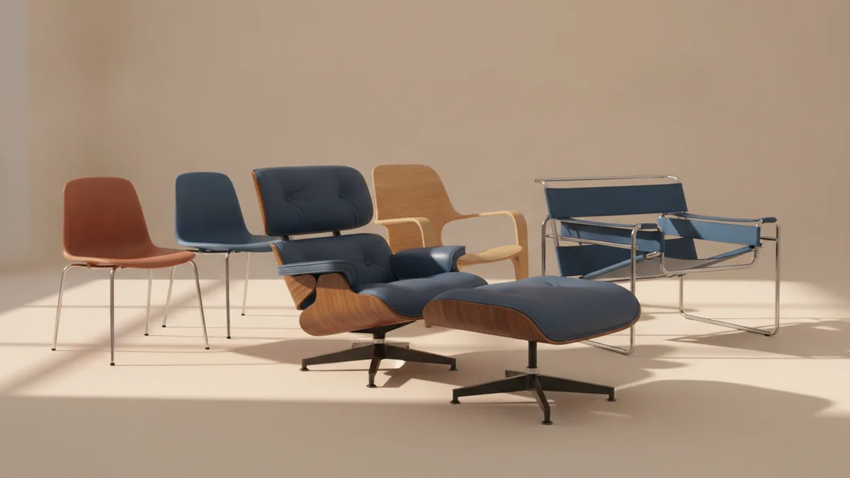 Classic modern chair forms Classic modern chairs showing bent wood, steel frames, and simple geometric forms