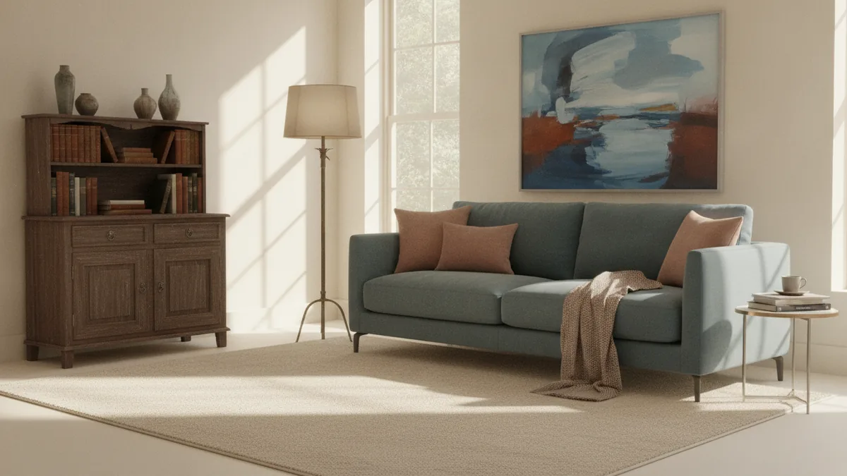 Modern and antique furniture mix Modern sofa beside an antique wood cabinet and aged metal lamp in a balanced room