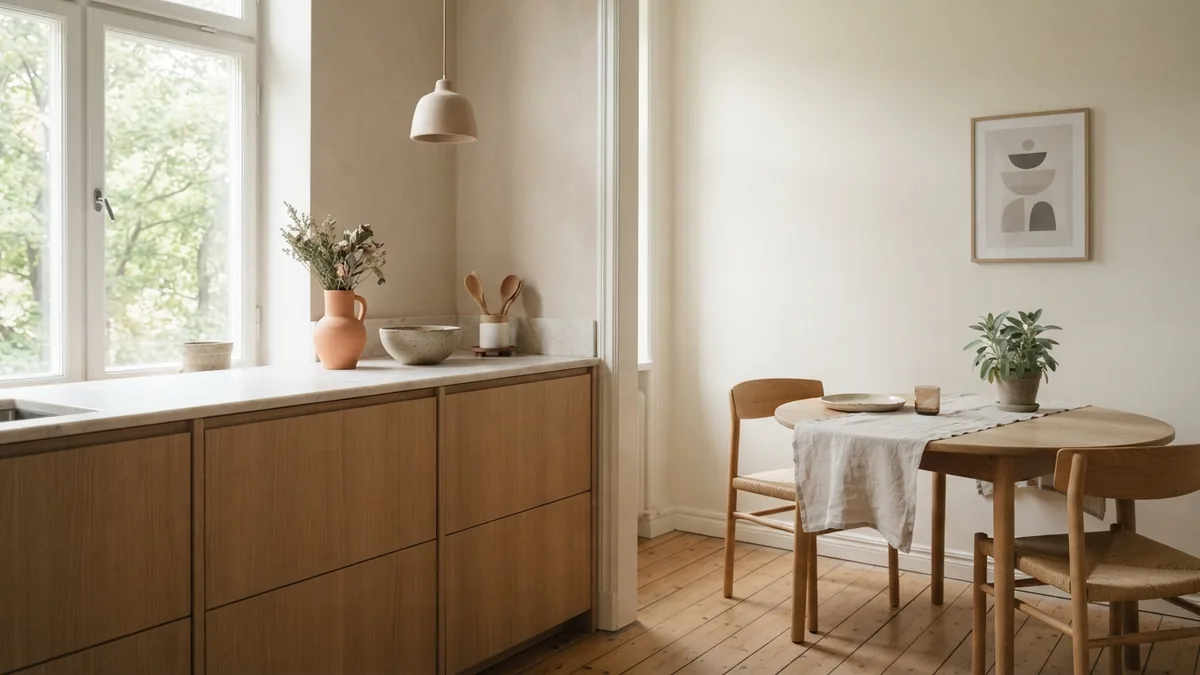 Open kitchen with clean lines Open apartment kitchen with clean cabinet lines and a small dining nook in soft daylight