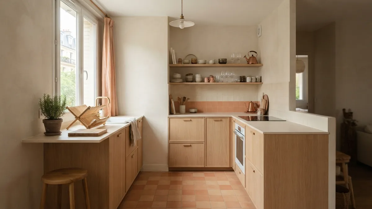 Compact L-shaped kitchen layout Compact L-shaped kitchen with pale wood cabinetry and an uncluttered central walkway