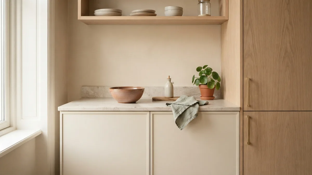 Pale oak, matte cream cabinetry, and natural stone bring warmth to a modern kitchen