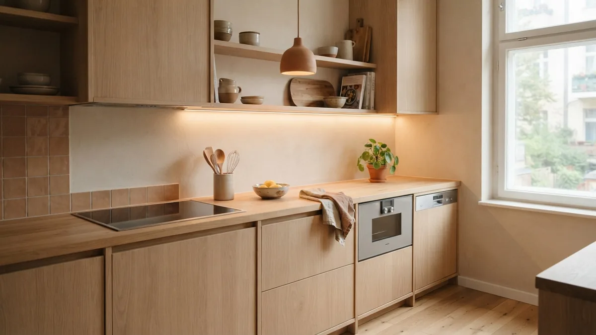 Layered kitchen lighting brightens a pale oak worktop beside discreet built-in appliances