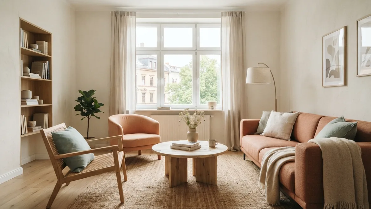 Apartment living room layout with a sofa and chairs arranged around a bright window