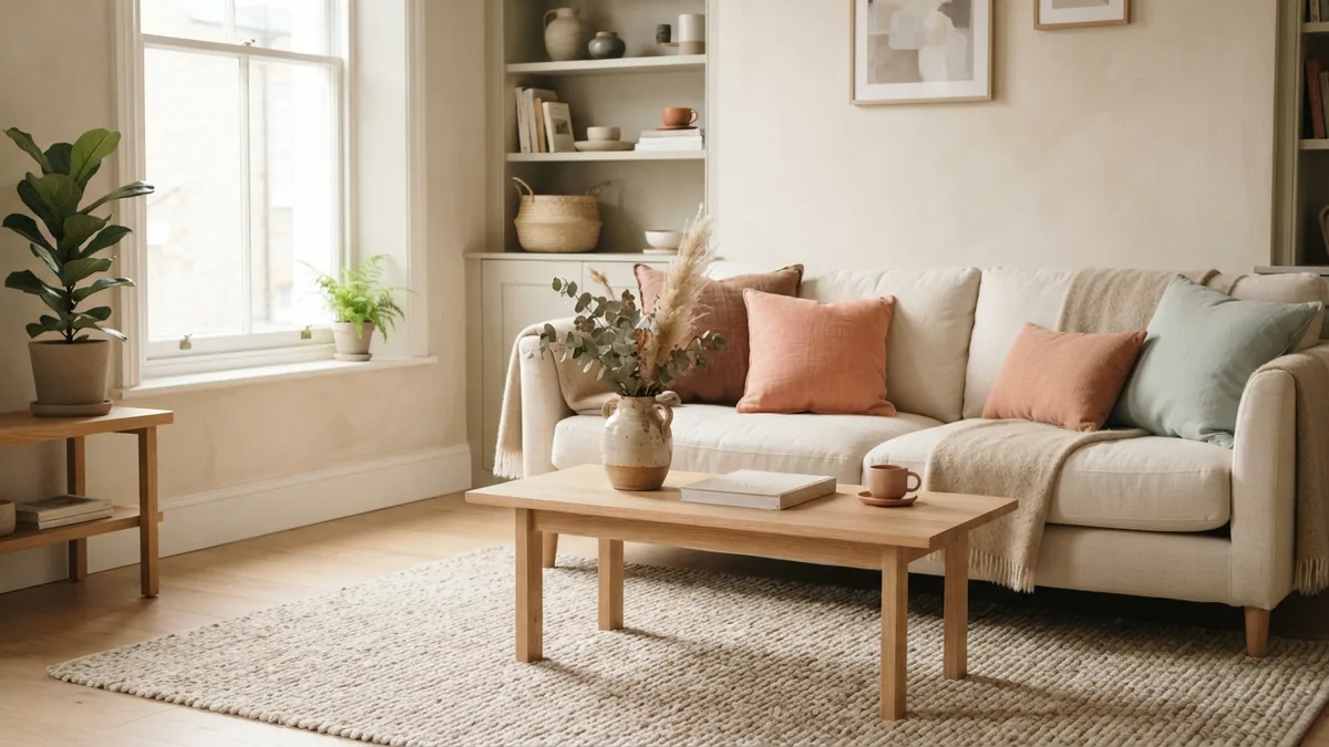 Cream sofa, wool rug, and pale oak details show layered living room textures