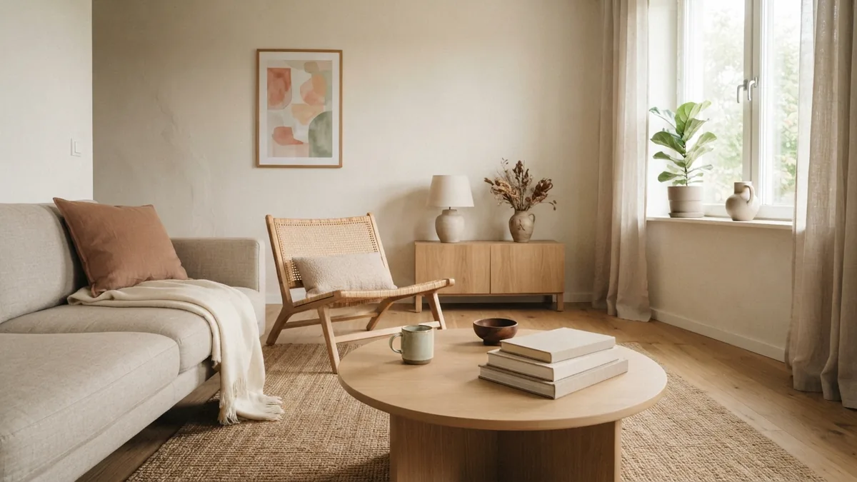 Modern living room furniture arranged with clear paths and balanced scale
