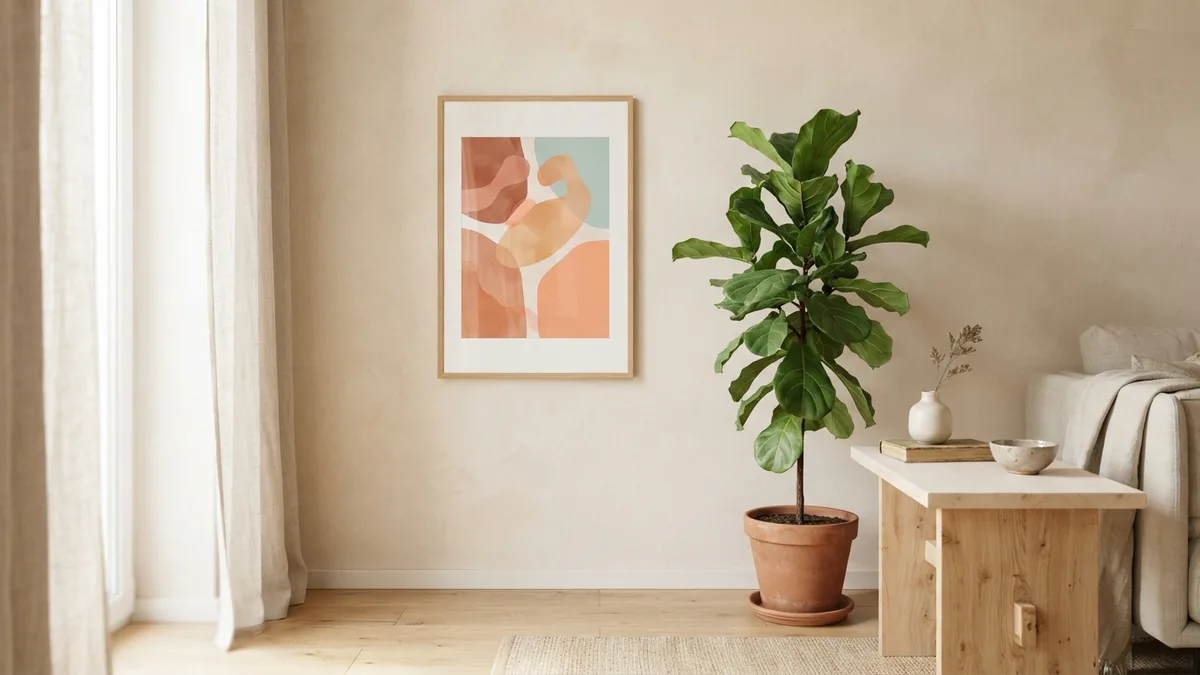 Living room corner balanced with simple art, a leafy plant, and natural wood