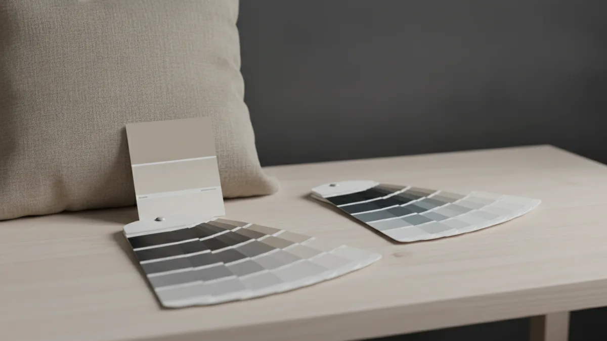 Muted paint swatches and color options on a tidy table.