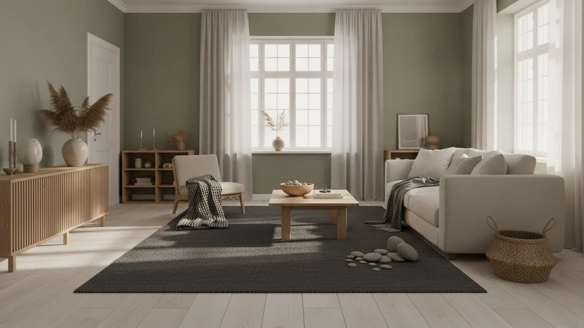 Living room with sage green walls and natural wood textures.