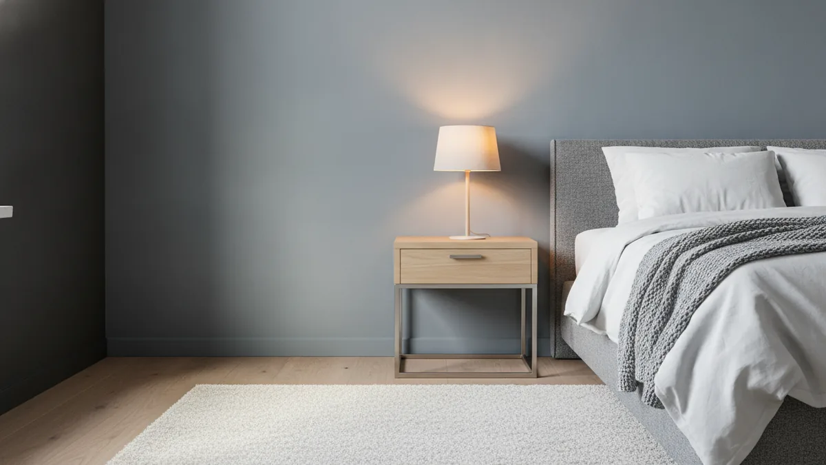 Blue walls that feel restful Bedroom corner showing soft blue paint under warm lamp light.