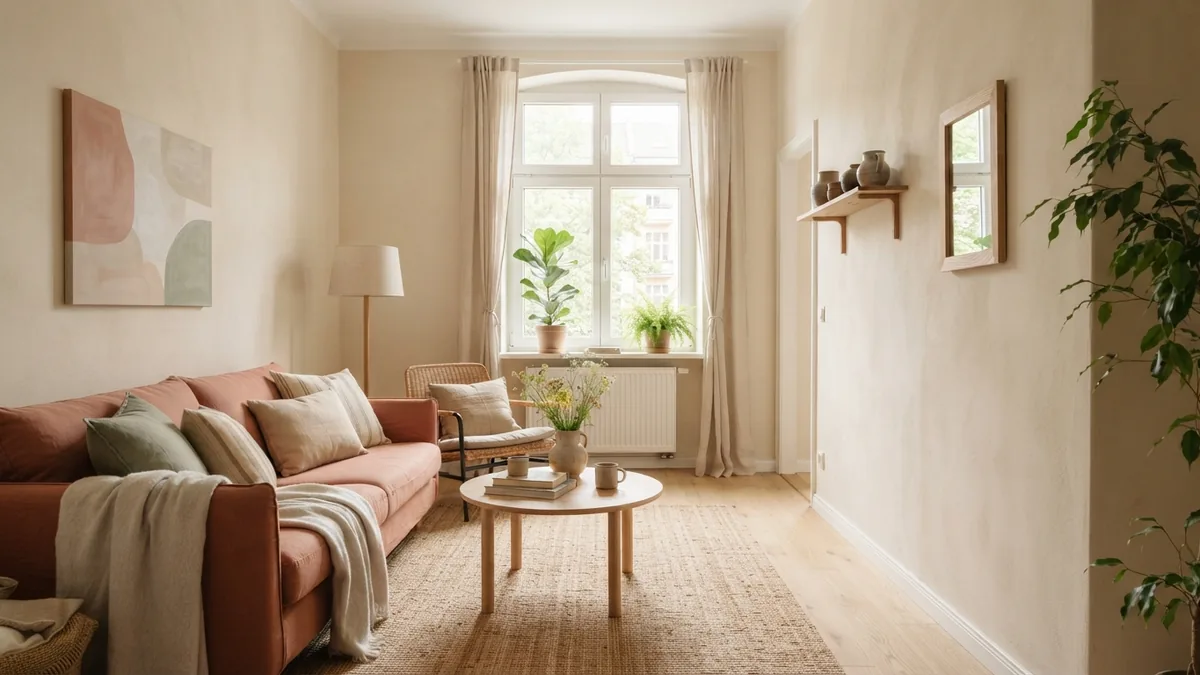 Room shape and natural light Long apartment living room showing its shape, window light and clear walkway