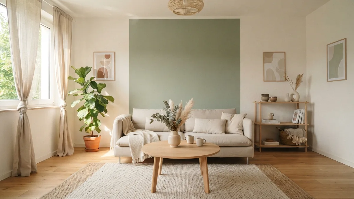 Light paint colors for an open room Scandinavian living room with warm white walls, muted sage and pale oak