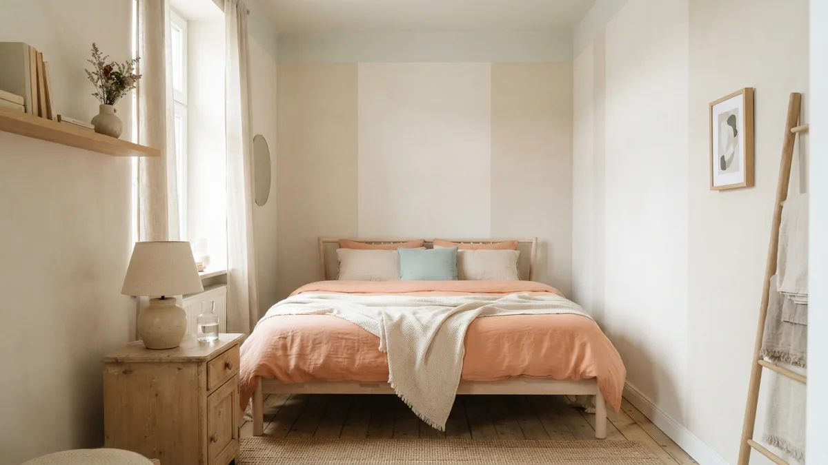 Vertical paint detail in a narrow bedroom Narrow bedroom using subtle vertical paint bands to draw the eye upward