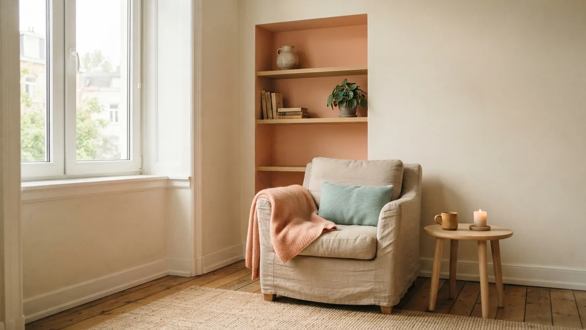 Paint finishes and a warm accent alcove Small lounge combining matte cream walls, soft sheen trim and a muted alcove