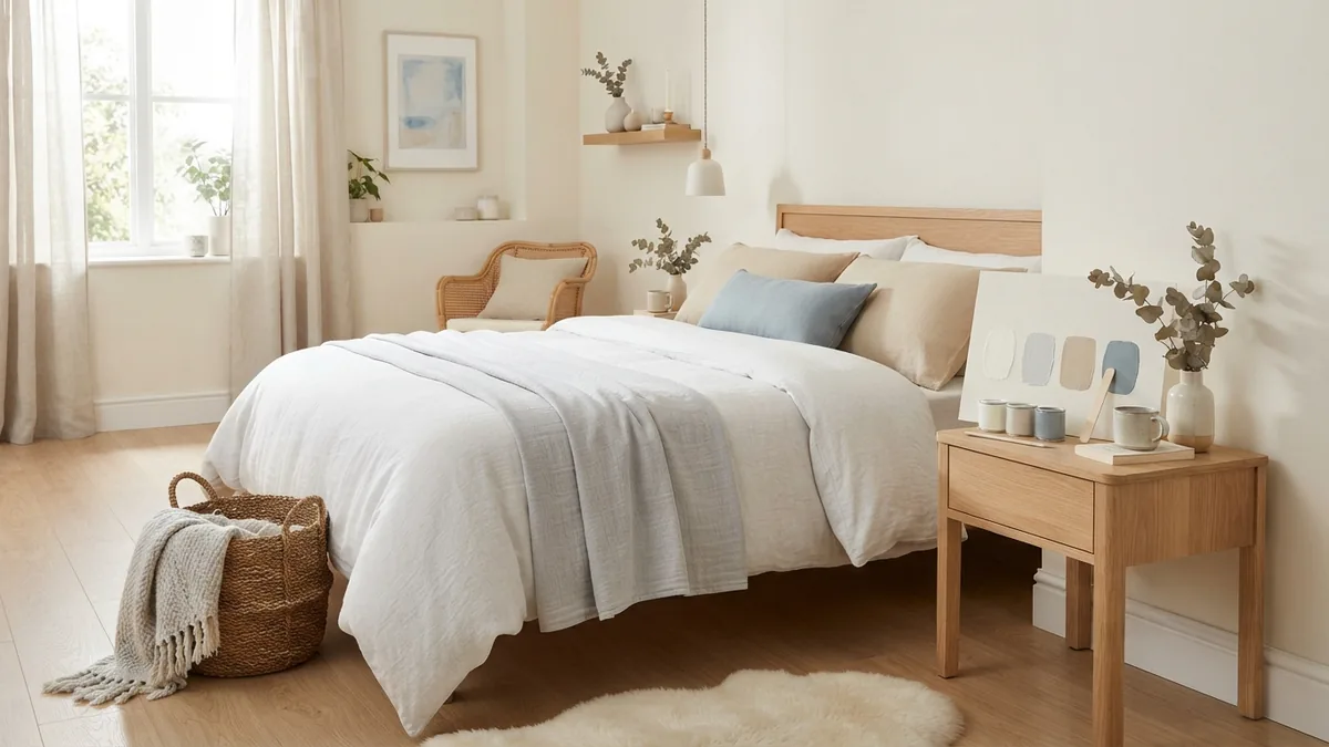 Bright bedroom palette with soft white, pale gray, beige, and light blue walls