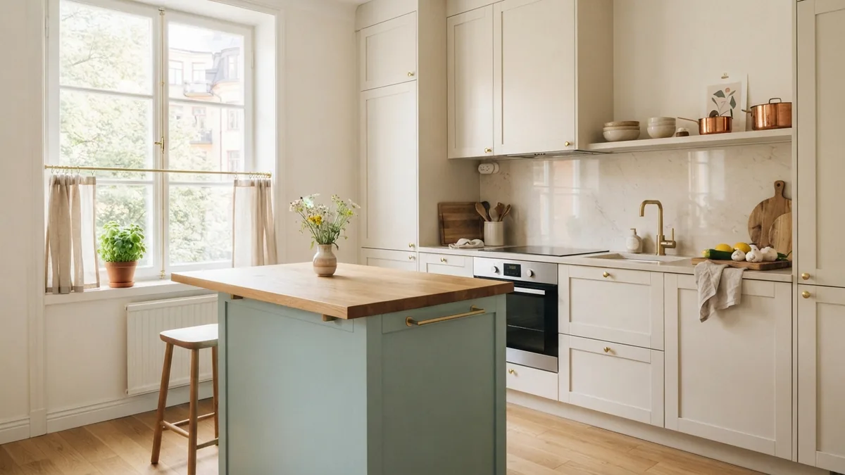 Small kitchen with pale cabinets and a deeper island for subtle visual depth
