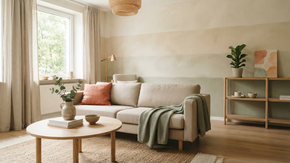 Horizontal stripes in a calm living room Scandinavian living room with wide horizontal beige and sage wall stripes