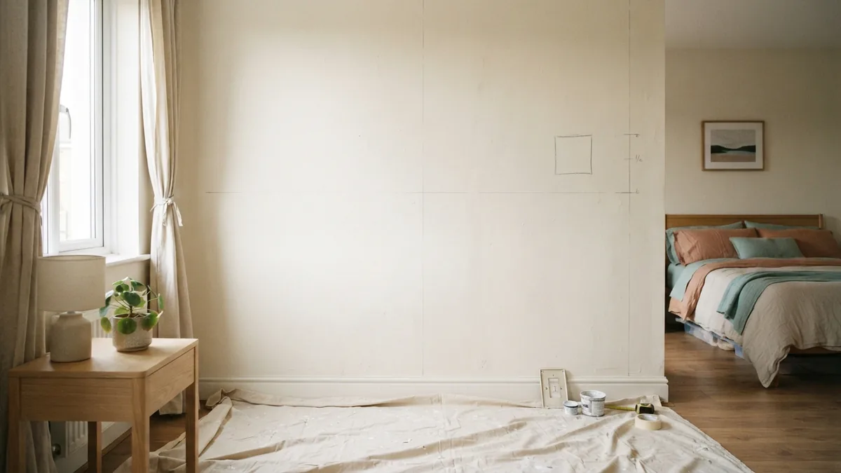Prepared bedroom wall with a cream base coat and faint chalk guides for stripes